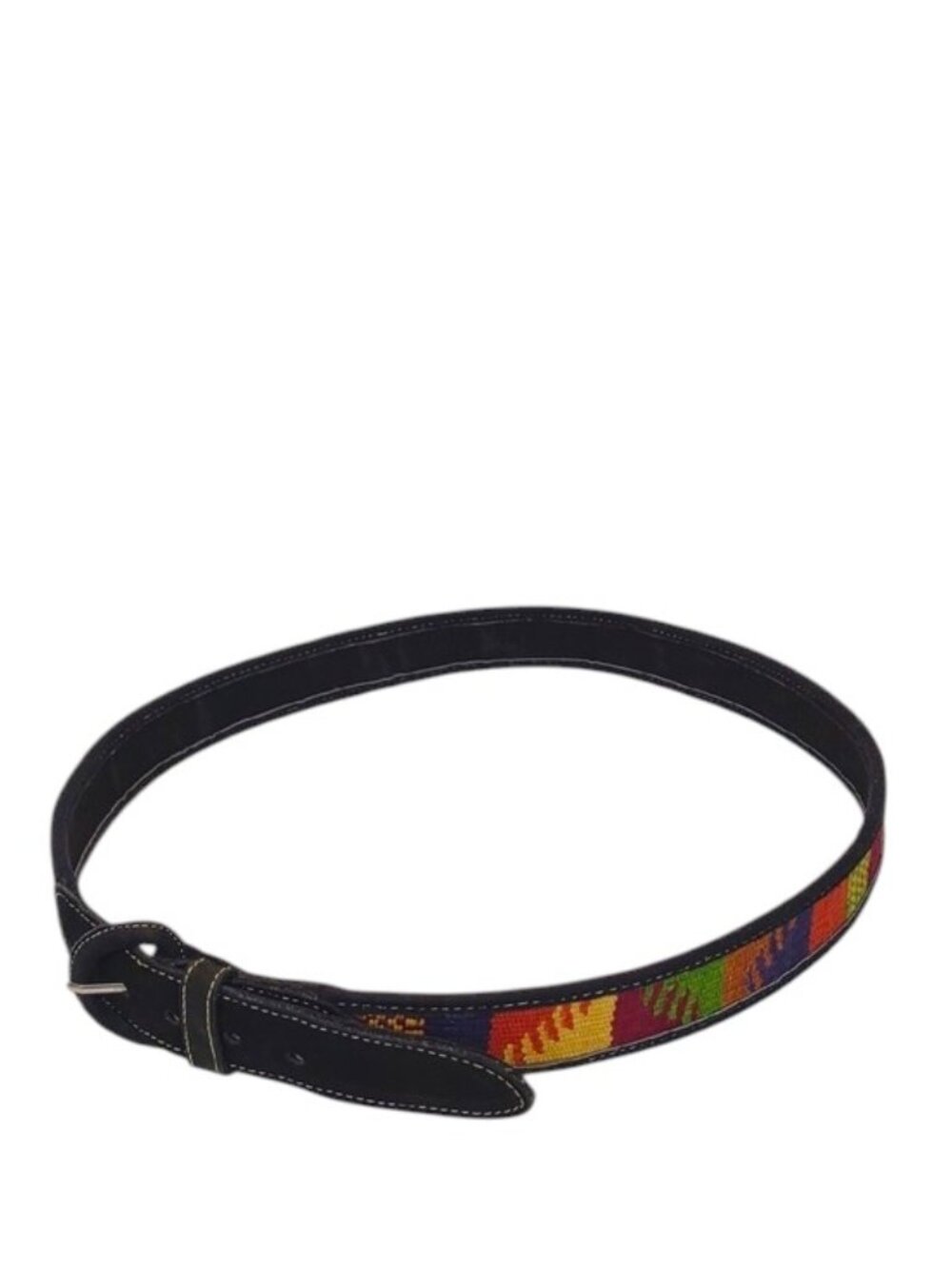 Handmade Black Nubuck Leather Belt Multicolor Woven Fabric Inlay Mayan/Southwest